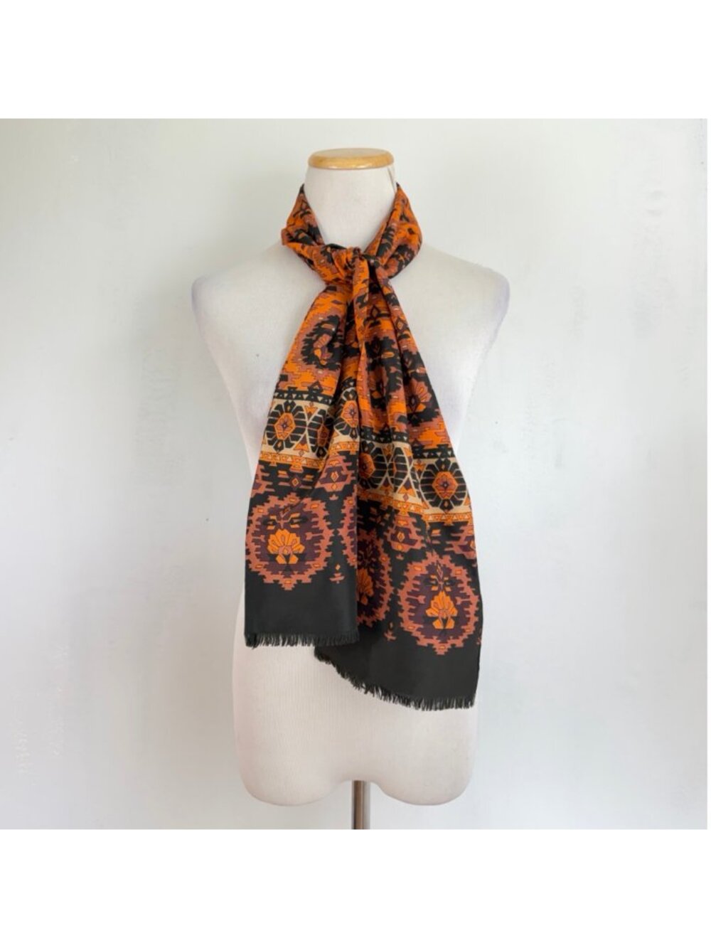 Lightweight oblong scarf with geometric print and fringe ends. Made in Italy. - Picture 3 of 3